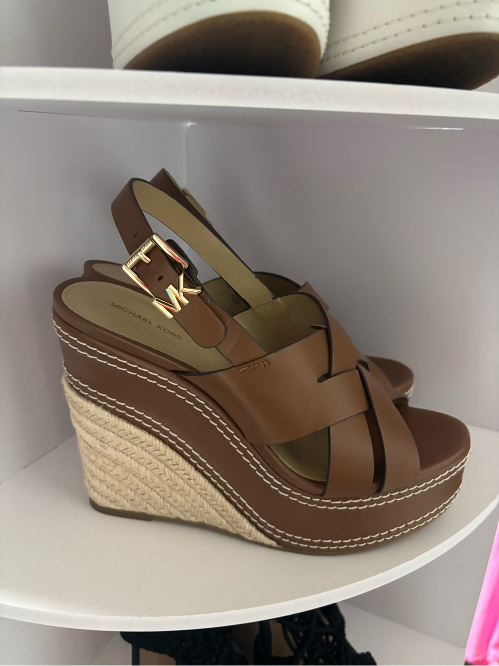 New Nora Michael Kors Brown Leather Wedge Sandals.